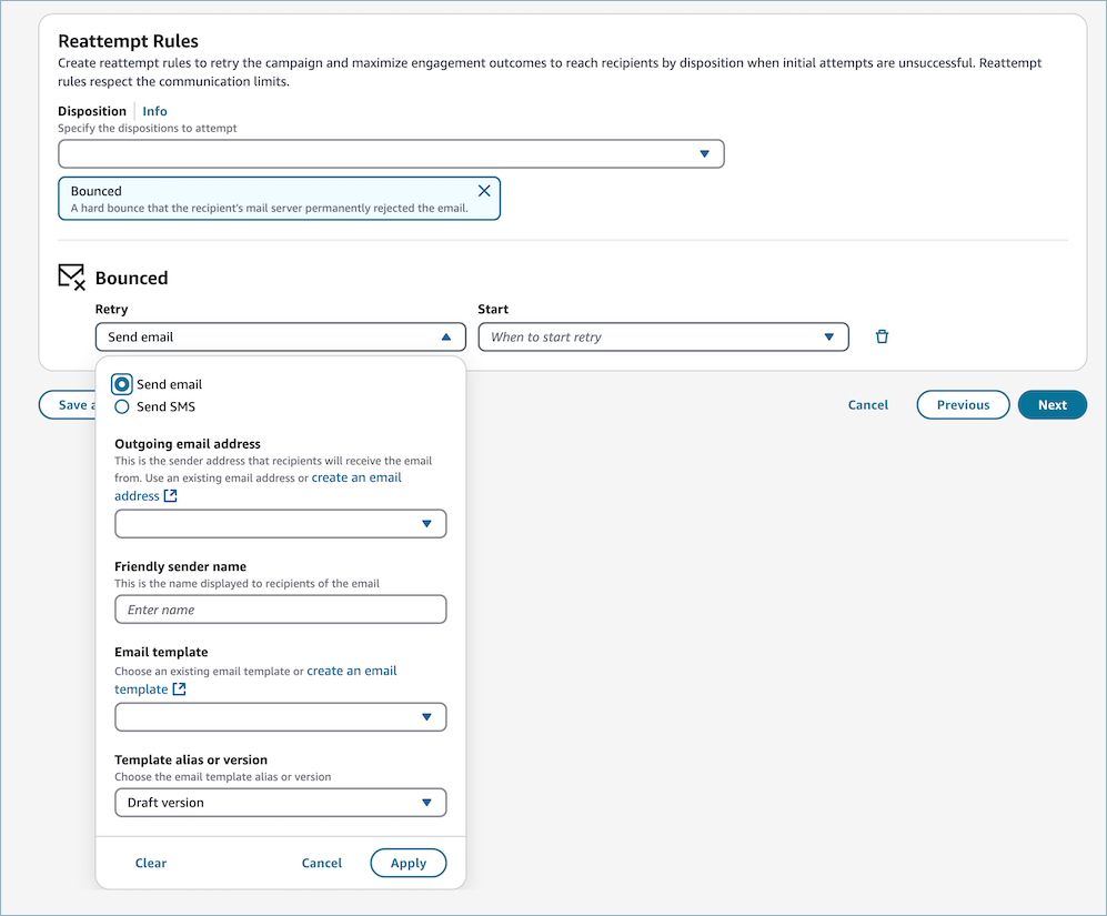 As opções para configurar um novo e-mail para enviar em resposta a um e-mail devolvido.