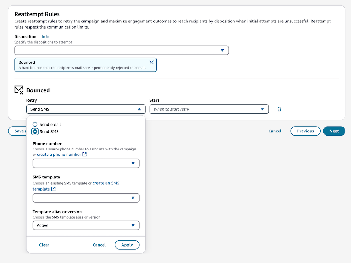 As opções para configurar uma mensagem SMS em resposta a um e-mail devolvido.
