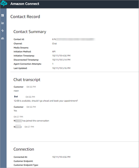 A página Registro de contato e uma transcrição de chat.