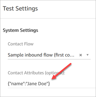 A página de configurações do teste, uma chave de atributo de contato entre aspas, um valor entre aspas.