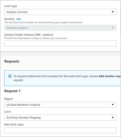 Form to request limit increases for Amazon Connect, with fields for region and new limit value. (AI generated)