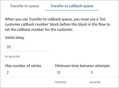 A guia Transferir para fila de retorno de chamada na página Propriedades do bloco Transferir para fila.