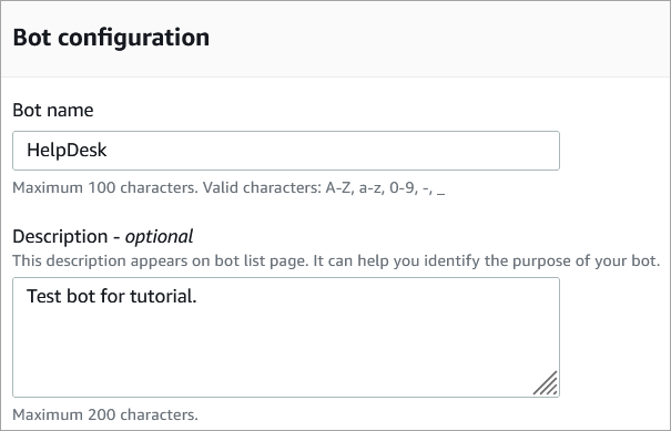 A seção Configuração do bot, a caixa Nome do bot, a caixa Descrição.