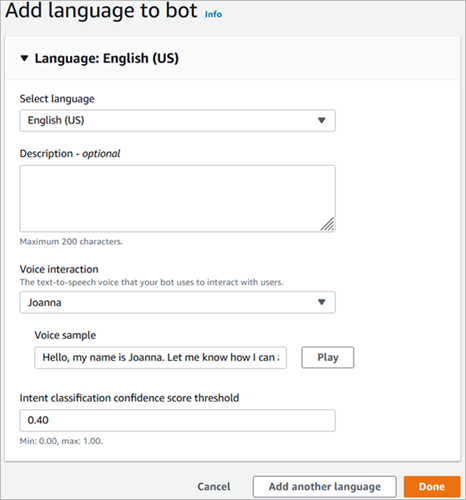 A página Adicionar idioma ao bot, o menu suspenso Selecionar idioma definido como Inglês.
