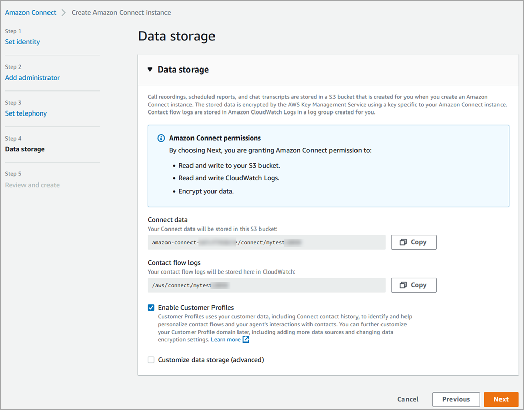 As configurações padrão para armazenar dados e logs de fluxo habilitam a opção de perfis de clientes.