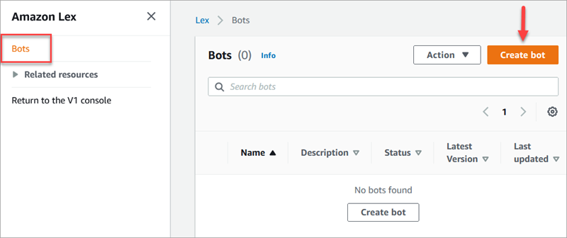 O console do Amazon Lex, a página Bots, o botão Criar bot.