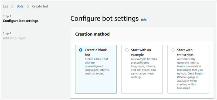 A página Definir configurações do bot, a opção Criar um bot em branco.