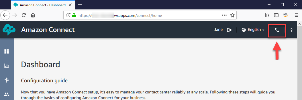 O ícone do telefone na parte superior do console do Amazon Connect que inicia o CCP.