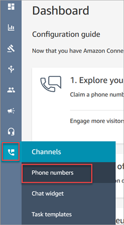 O menu de navegação do Amazon Connect, ícone Canais, opção Números de telefone.