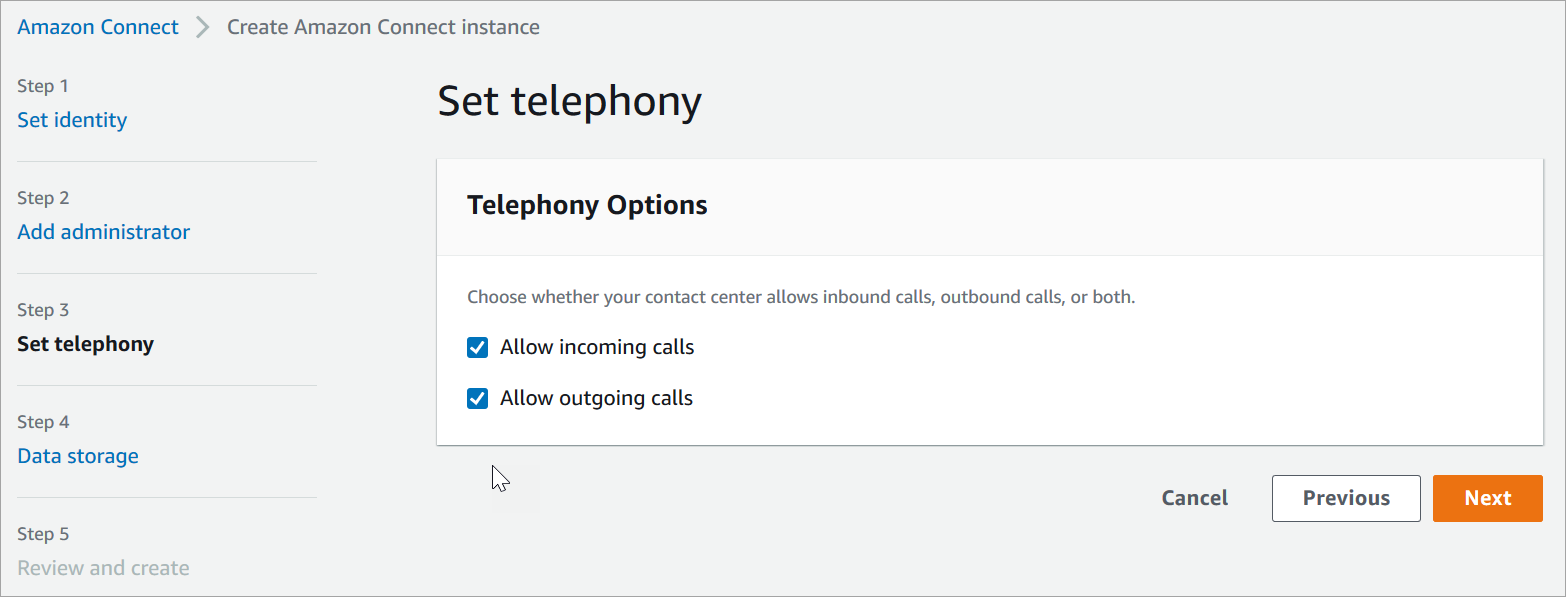 A página Definir telefonia, seção Opções de telefonia.
