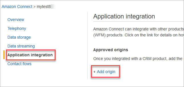 O painel de navegação esquerdo, opção de integração de aplicações, Adicionar origem.