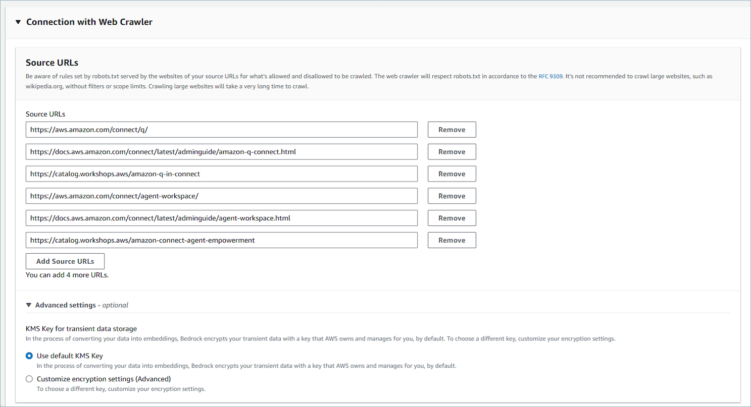 A URLs seção Fonte para configurar a conexão do Web Crawler com campos a serem URLs inseridos para rastrear.