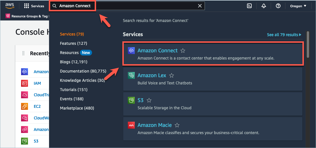 O console AWS de gerenciamento, a caixa de pesquisa, o Amazon Connect