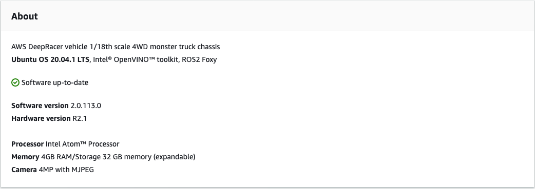 Imagem: esta imagem é uma captura de tela da página “Sobre” do console do dispositivo AWS DeepRacer.