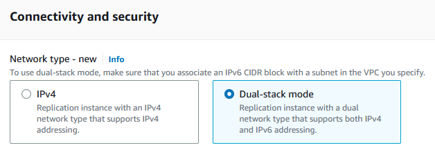 AWS Tipo de rede do Database Migration Service