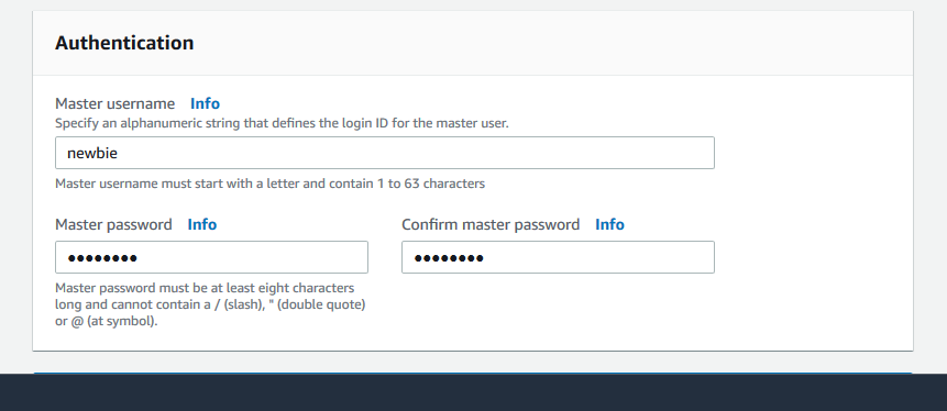 Formulário de autenticação para especificar um nome de usuário e senha principais para um novo cluster Amazon DocumentDB.