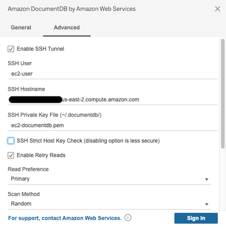 Aba avançada na interface do conector Amazon DocumentDB com a opção SSH Strict Host Key Check desativada.