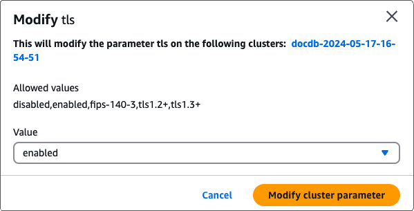 Imagem de uma caixa de diálogo Modificar TLS específica de cluster.