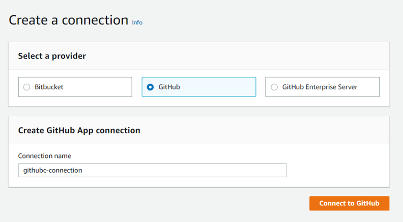 Captura de tela do console mostrando a opção de conexão selecionada para Bitbucket.