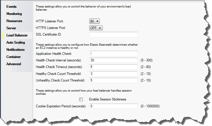 Painel de configuração do Elastic Load Balancing do Elastic Beanstalk
