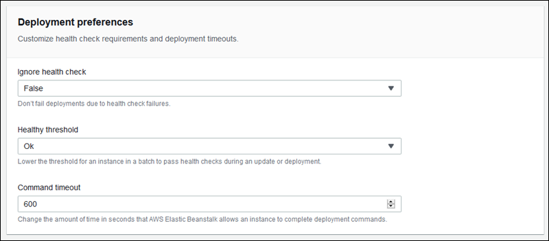 Página de configuração Elastic Beanstalk application deployments (Implantações de aplicações do Elastic Beanstalk)