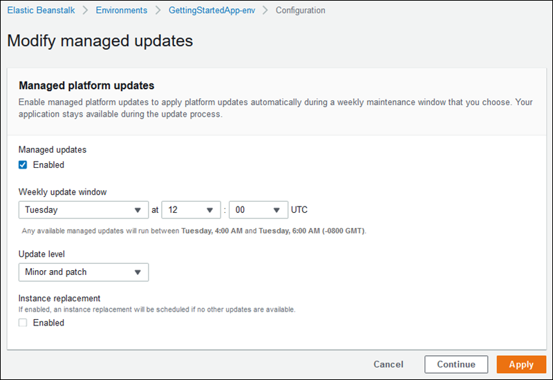 
          Página de configuração Modify managed updates (Modificar atualizações gerenciadas)
        