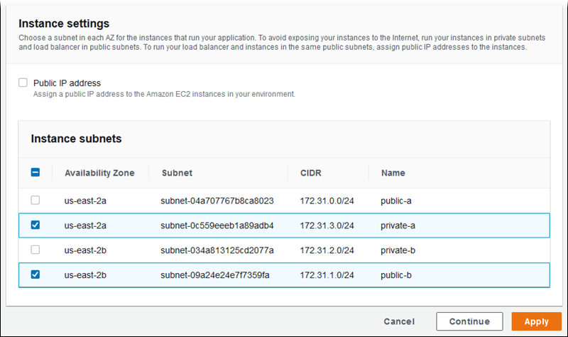 
          Seção Instance settings (Configurações de instâncias) na página de configuração Modify network (Modificar rede) no console do Elastic Beanstalk
        