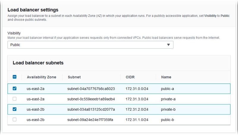 
          Seção Load balancer settings (Configurações do balanceador de carga) na página de configuração Modify network (Modificar rede) no console do Elastic Beanstalk
        