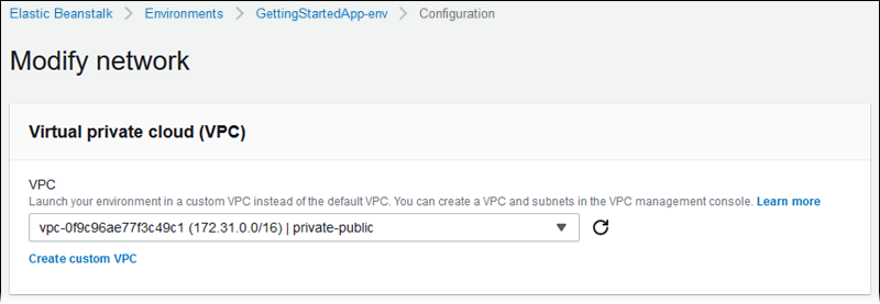 
          Seção VPC na página Modify network configuration (Modificar configuração de rede) no console do Elastic Beanstalk
        