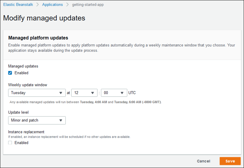
            Página de configuração Modify managed updates (Modificar atualizações gerenciadas)
          