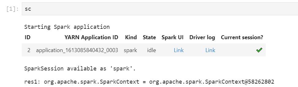 Captura de tela das informações principais da aplicação do Spark com um link para a interface do usuário do Spark. O link aparece em um caderno quando você executa uma aplicação do Spark.
