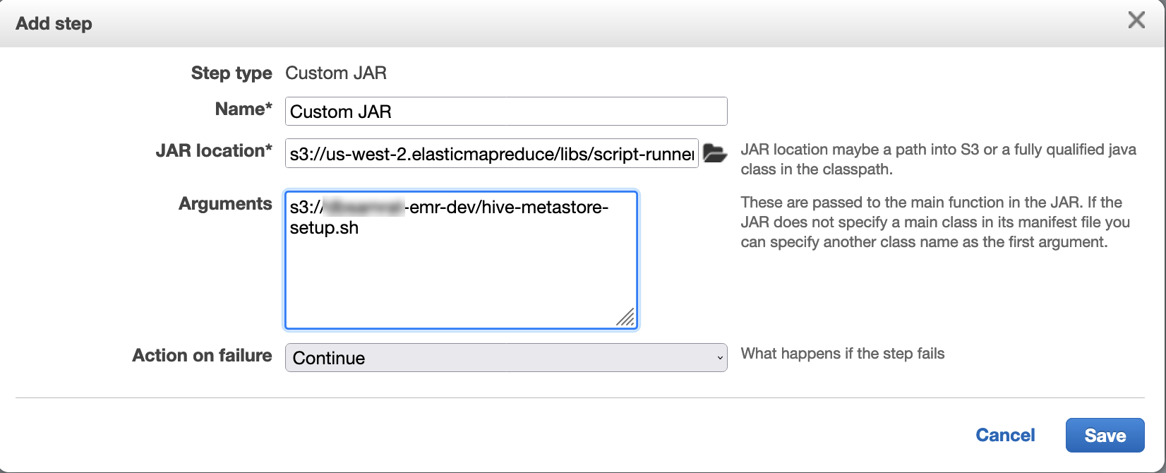 Form to add a Custom JAR step with fields for step type, name, JAR location, arguments, and failure action.