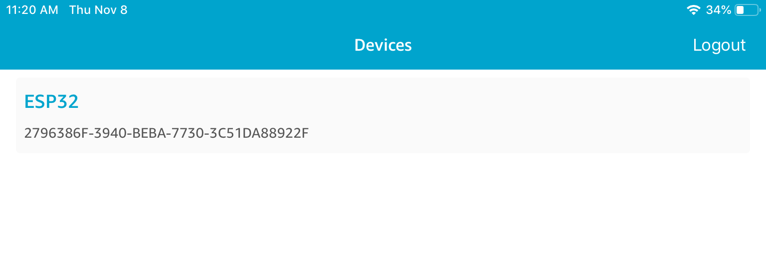Mobile app interface showing a device named ESP32 with its unique identifier.