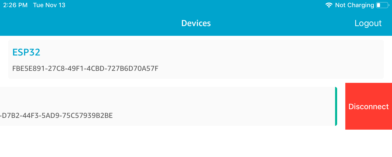 Device management interface showing ESP32 device ID and disconnect option.