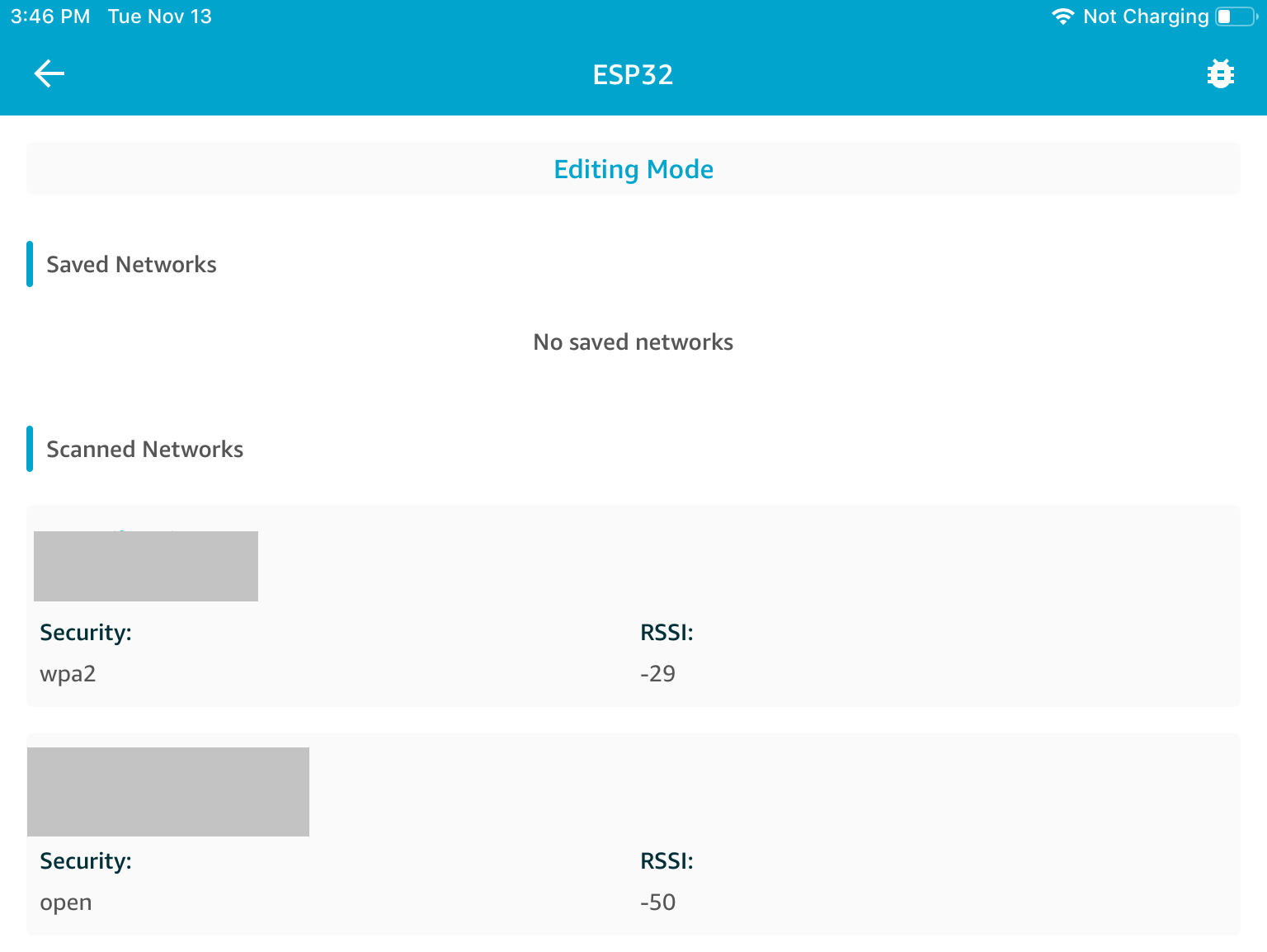 ESP32 network configuration screen showing no saved networks and two scanned networks.