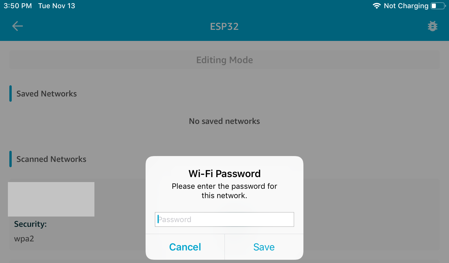 Wi-Fi password entry dialog box for connecting to a network on an ESP32 device.