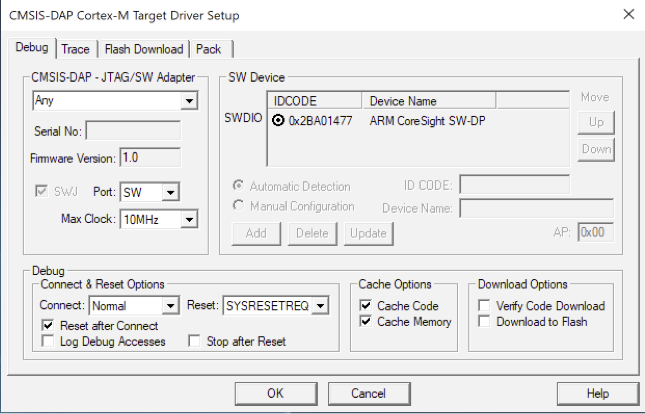 CMSIS-DAP Cortex-M Target Driver Setup window with debug, trace, and download options.