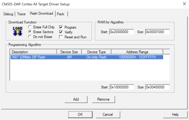 CMSIS-DAP Cortex-M Target Driver Setup window with Flash Download options and Programming Algorithm details.