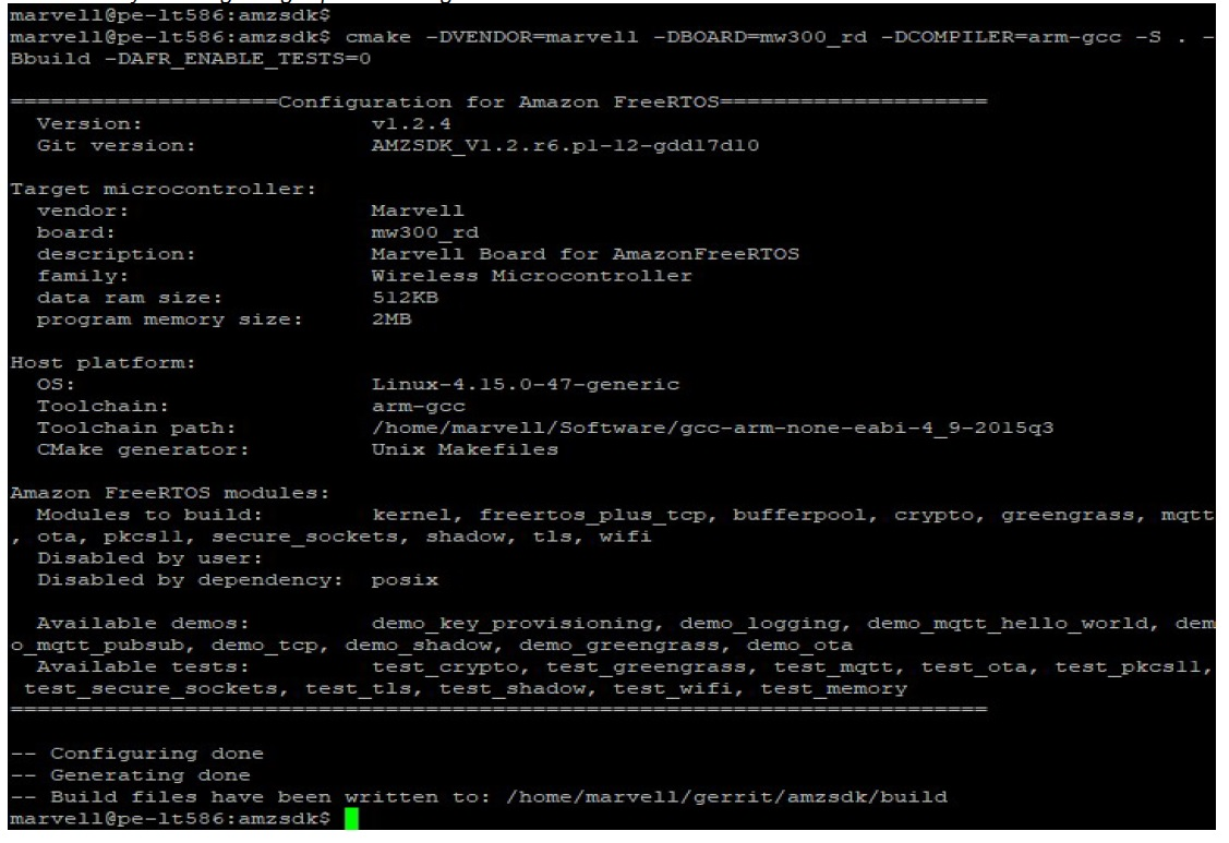 Configuration output for Amazon FreeRTOS showing version, target microcontroller, and modules.