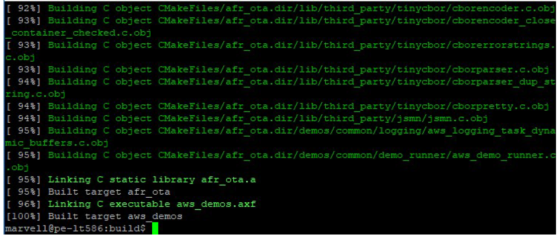 Build progress for C objects and libraries, ending with successful target completion.