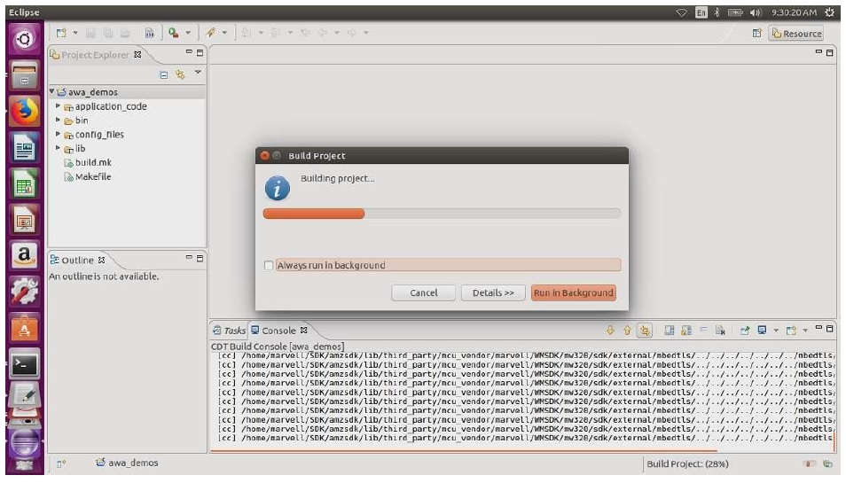Eclipse IDE interface showing project explorer, build progress, and console output.