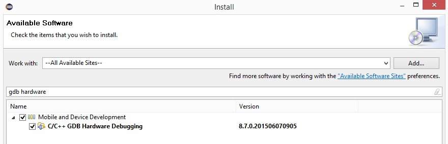Software installation window showing Mobile and Device Development package for C/C++ GDB Hardware Debugging.