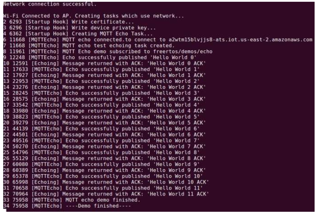 Console output showing MQTT echo demo connecting and publishing "Hello World" messages.