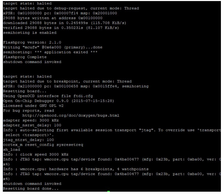 Command output showing debug messages, flashprog operations, and OpenOCD interface initialization.