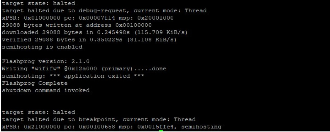 Console output showing Flashprog completion, writing "wififw", and target state halted.