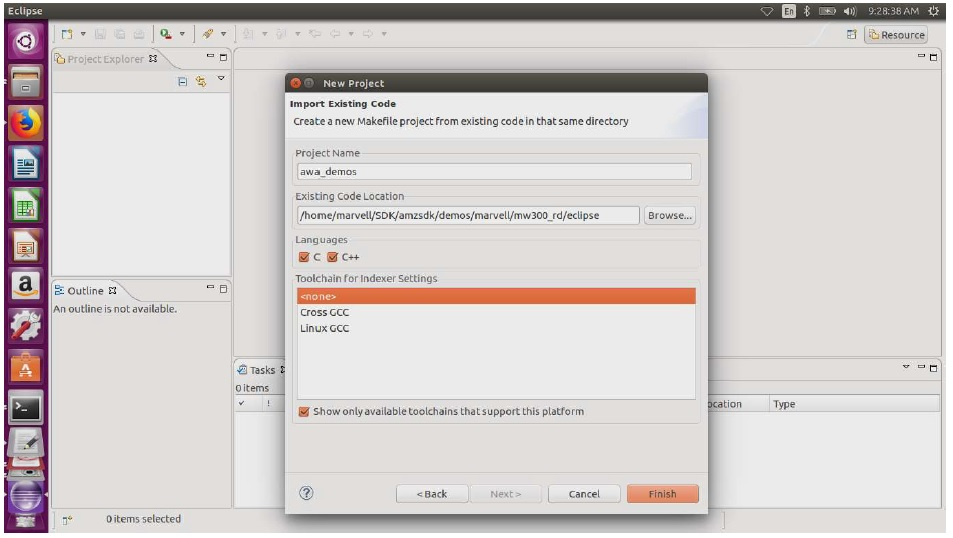 Eclipse IDE window showing "New Project" dialog for importing existing code with project settings.