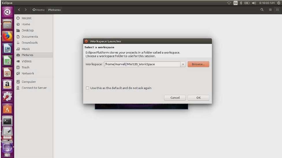 Eclipse Workspace Launcher dialog prompting to select a workspace folder for the session.