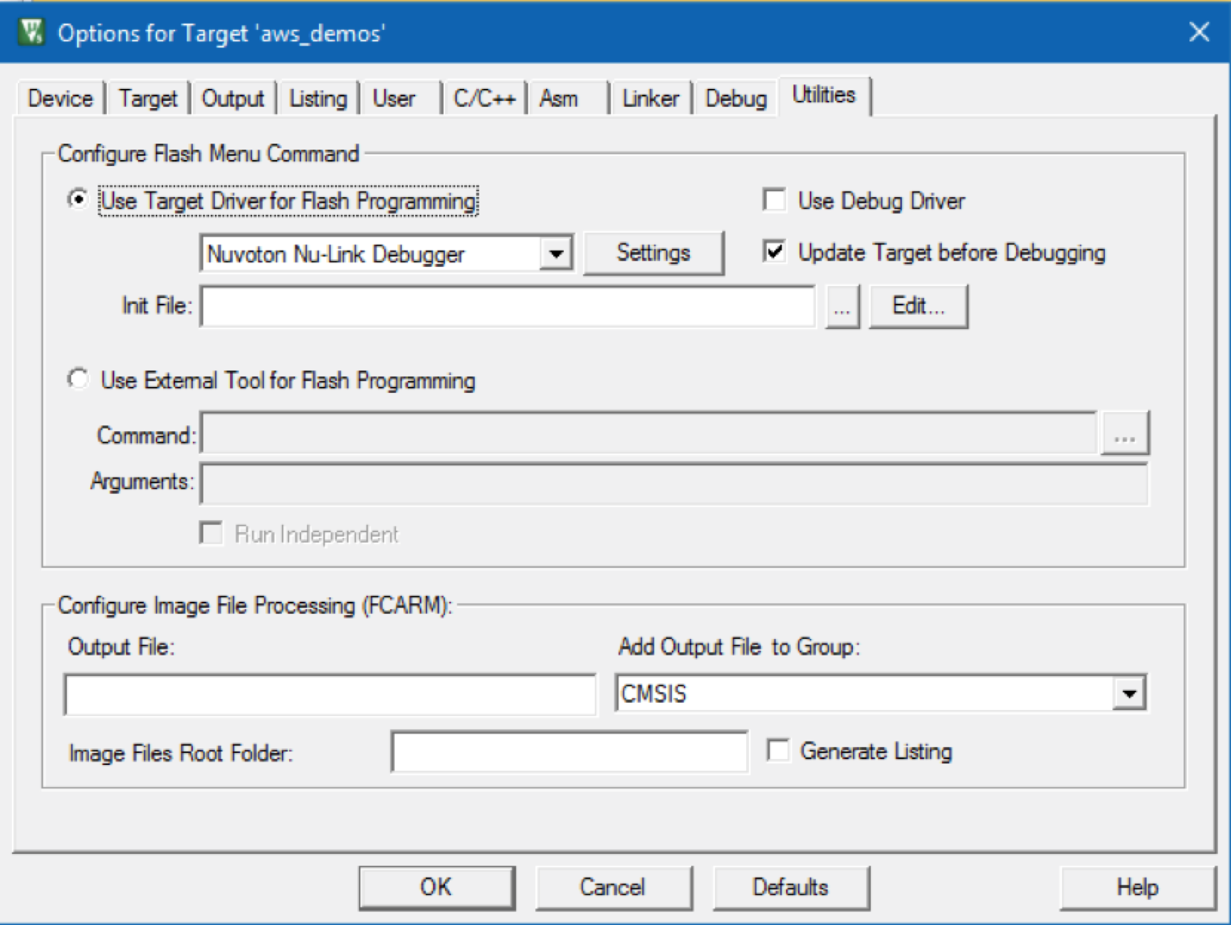 Options window showing flash programming settings and image file processing configuration.