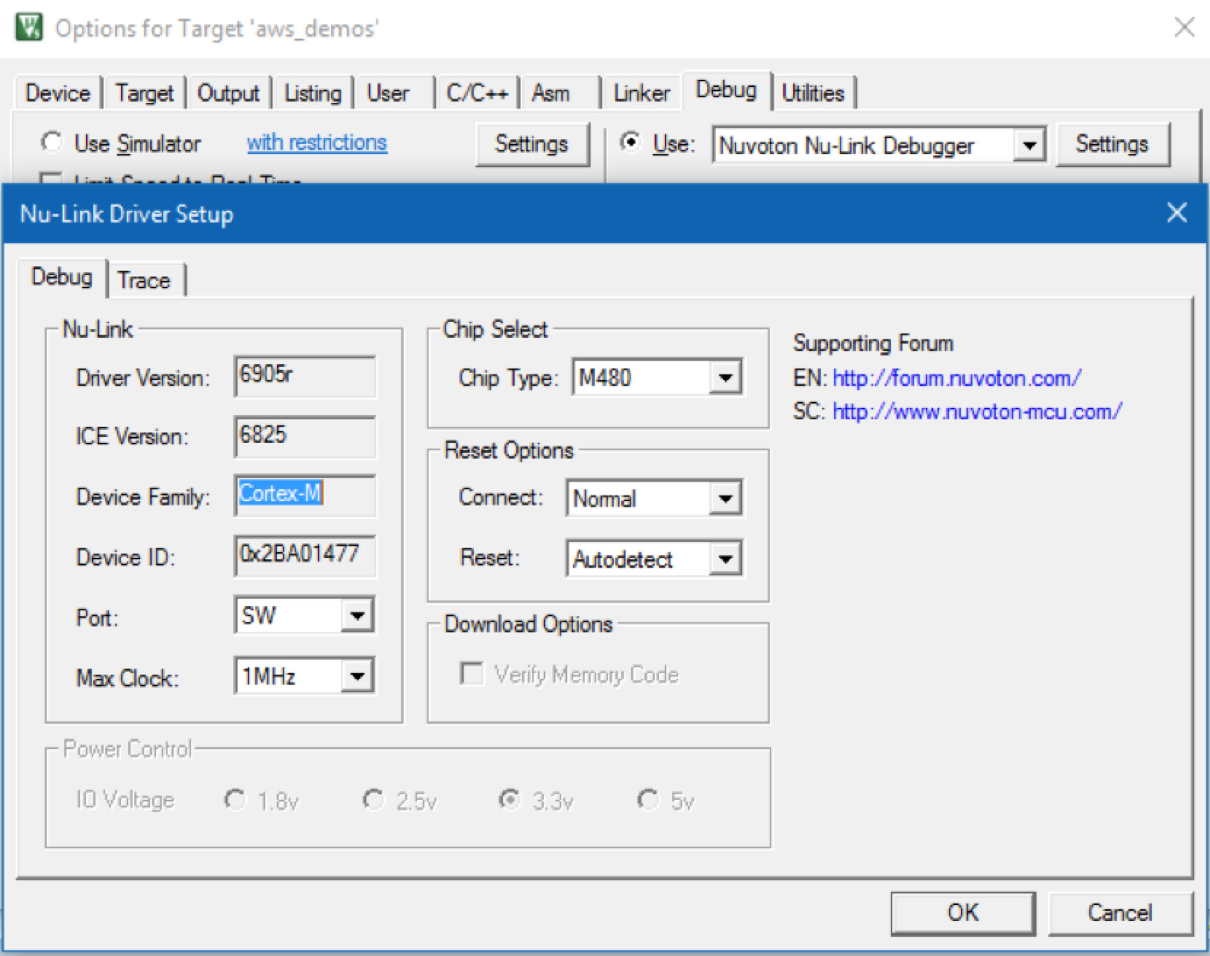 Nu-Link Driver Setup window showing debug settings for M480 chip and Cortex-M device family.