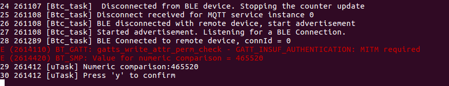 Console output showing BLE device connection, disconnection, and numeric comparison prompt.